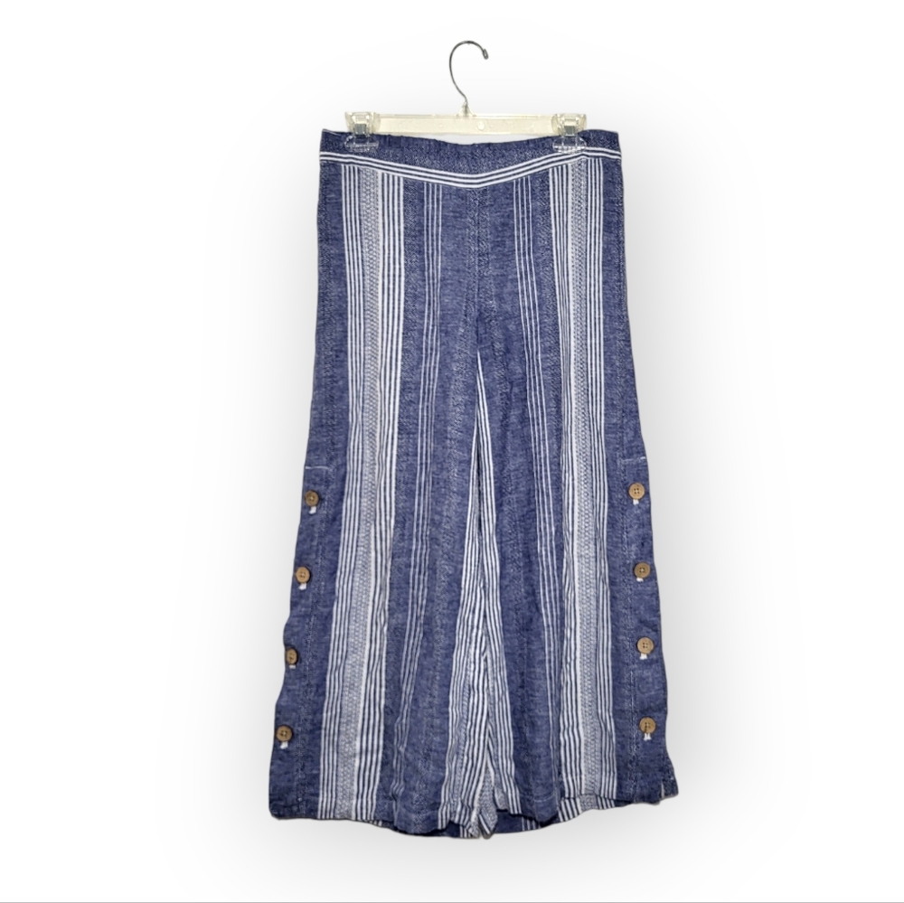 J. Jill Cropped Wide Leg Linen Pants Blue White Stripes XS